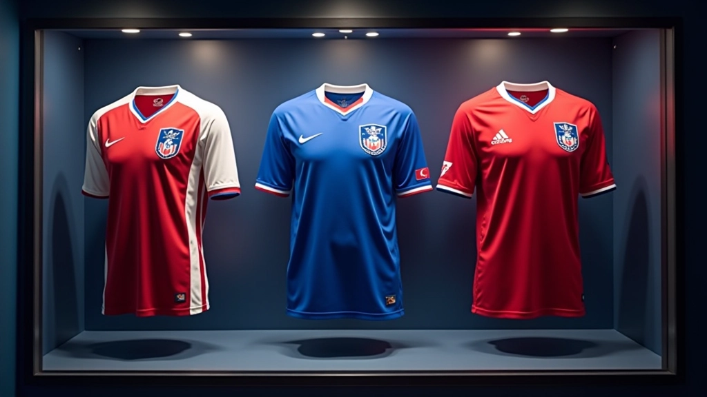 Collection de maillots rares exposés dans une vitrine d'amateur passionné avec éclairage professionnel