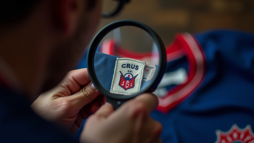 Mains d'un collecteur examinant attentivement une étiquette de maillot vintage avec loupe