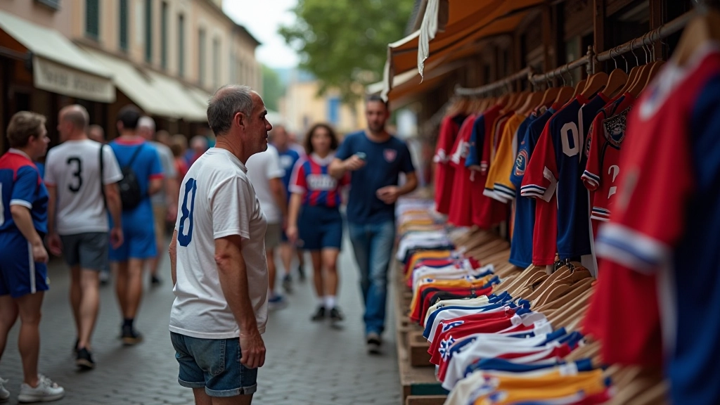 Marché aux puces avec collection de maillots vintage, brocante sportive