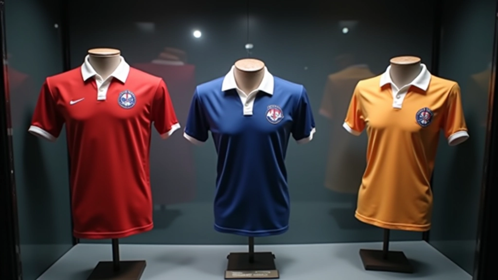 Vitrine de musée affichant plusieurs maillots historiques encadrés, conservation professionnelle