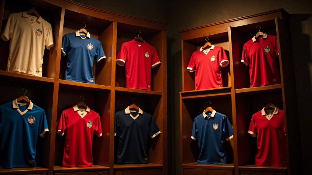 Collection de maillots vintage des Bleus exposés sur des étagères en bois
