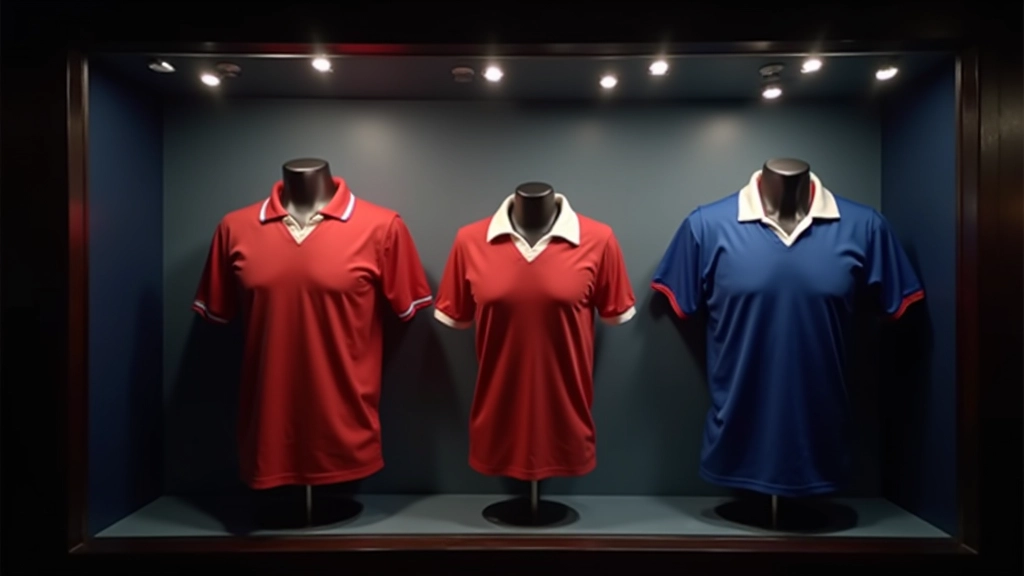 Maillots de collection français iconiques, rangés soigneusement, éclairage professionnel de galerie